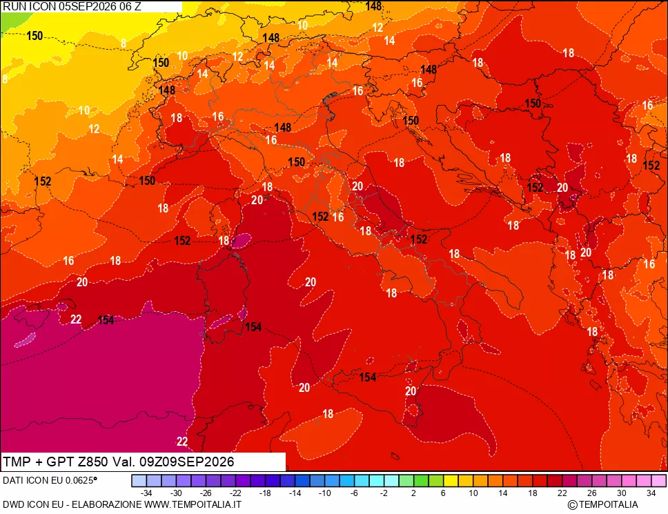 mappa 850 hPa Temp