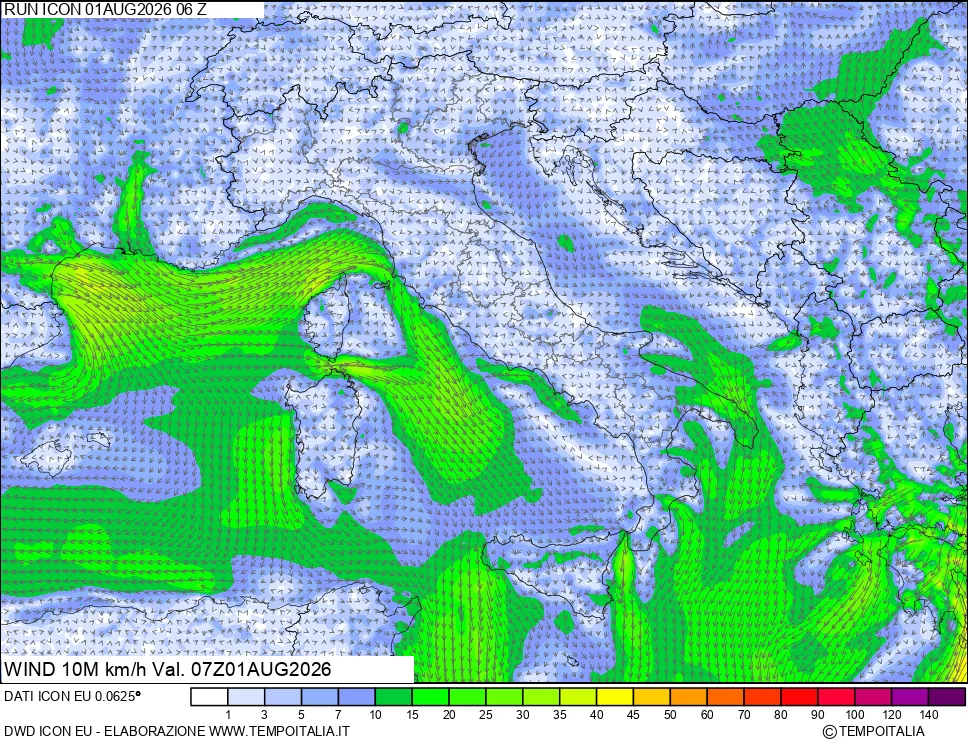 mappa 10 m Vento forza e direzione