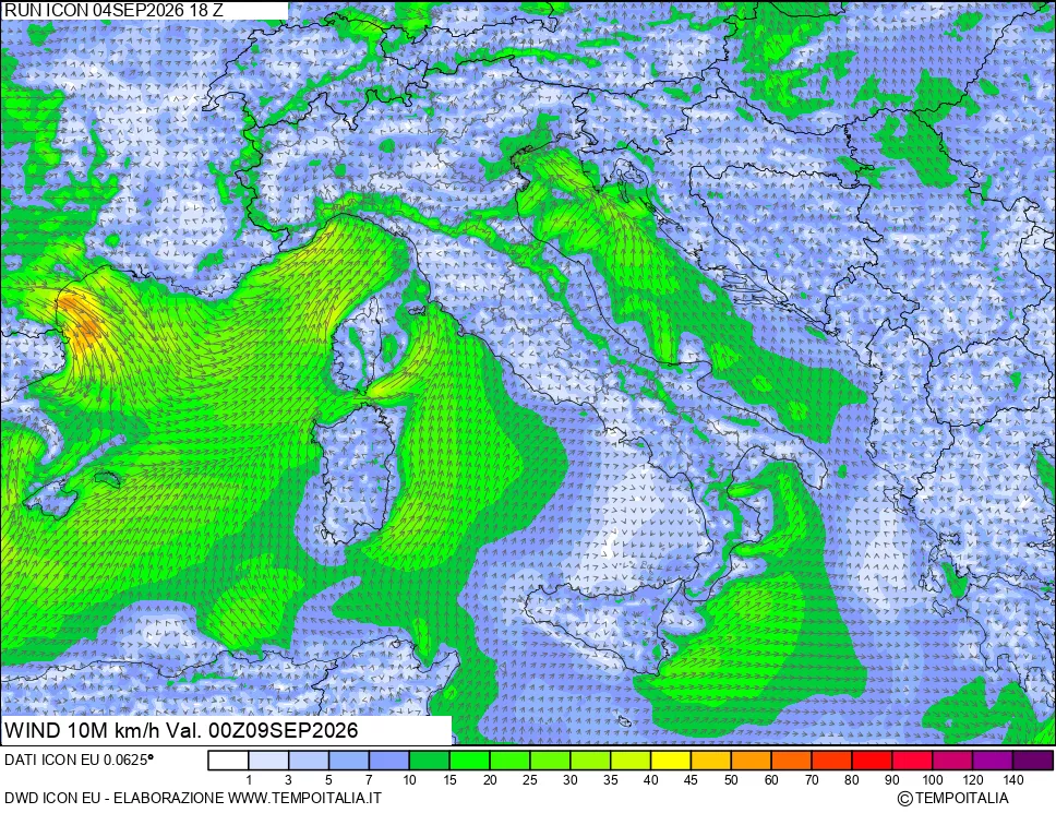 mappa 10 m Vento forza e direzione