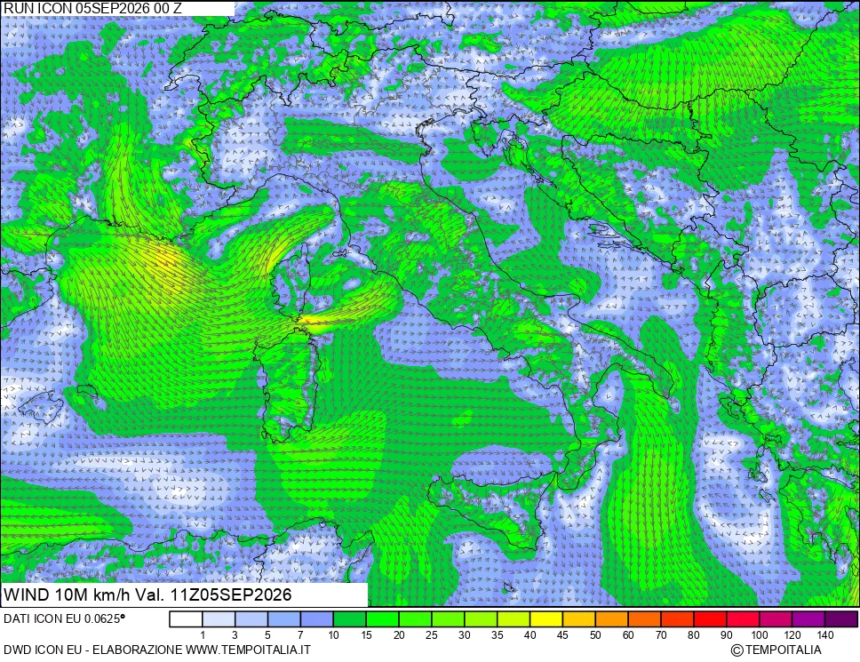 mappa 10 m Vento forza e direzione