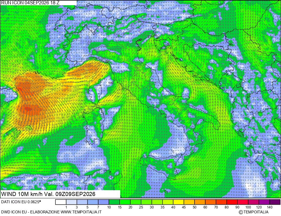 mappa 10 m Vento forza e direzione