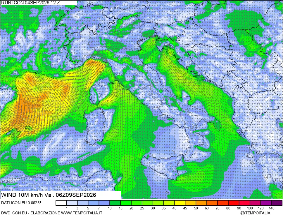 mappa 10 m Vento forza e direzione