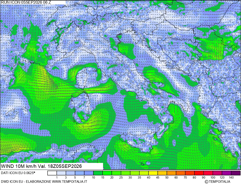 mappa 10 m Vento forza e direzione