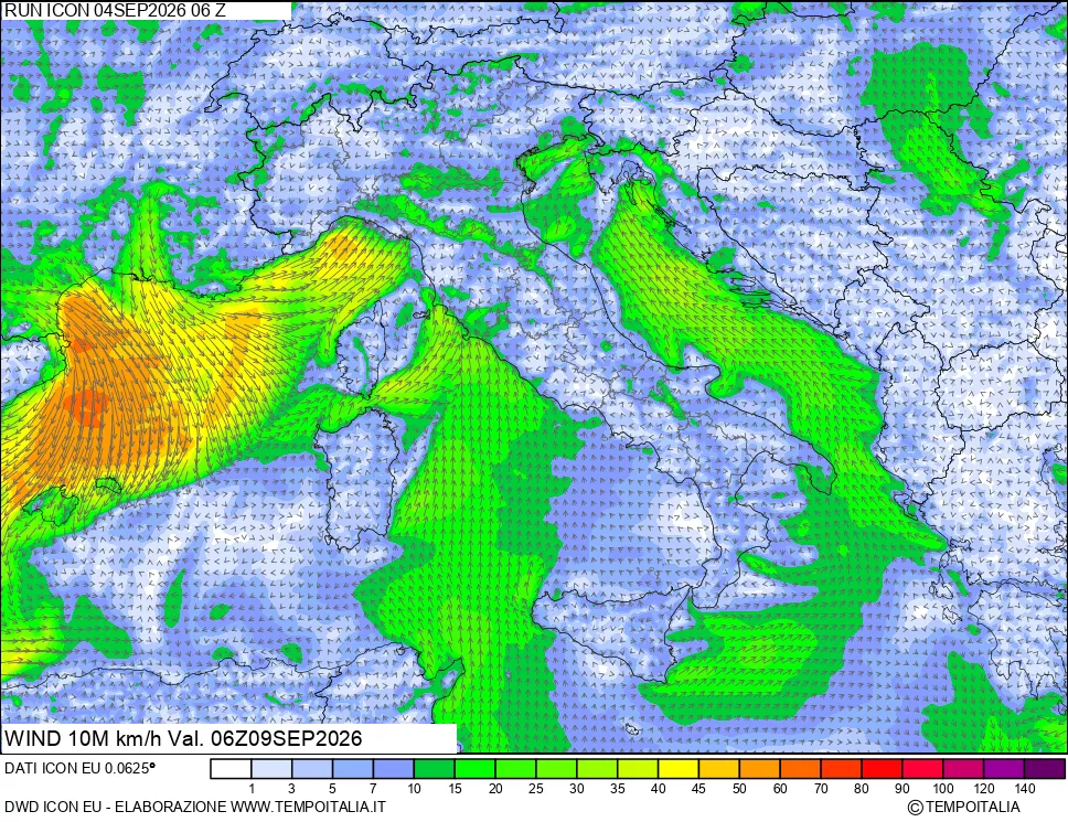mappa 10 m Vento forza e direzione