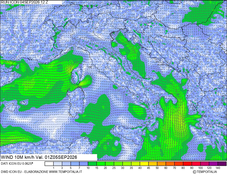 mappa 10 m Vento forza e direzione