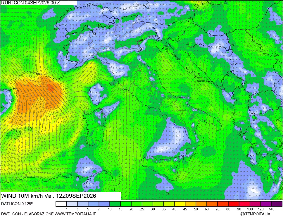 mappa 10 m Vento forza e direzione