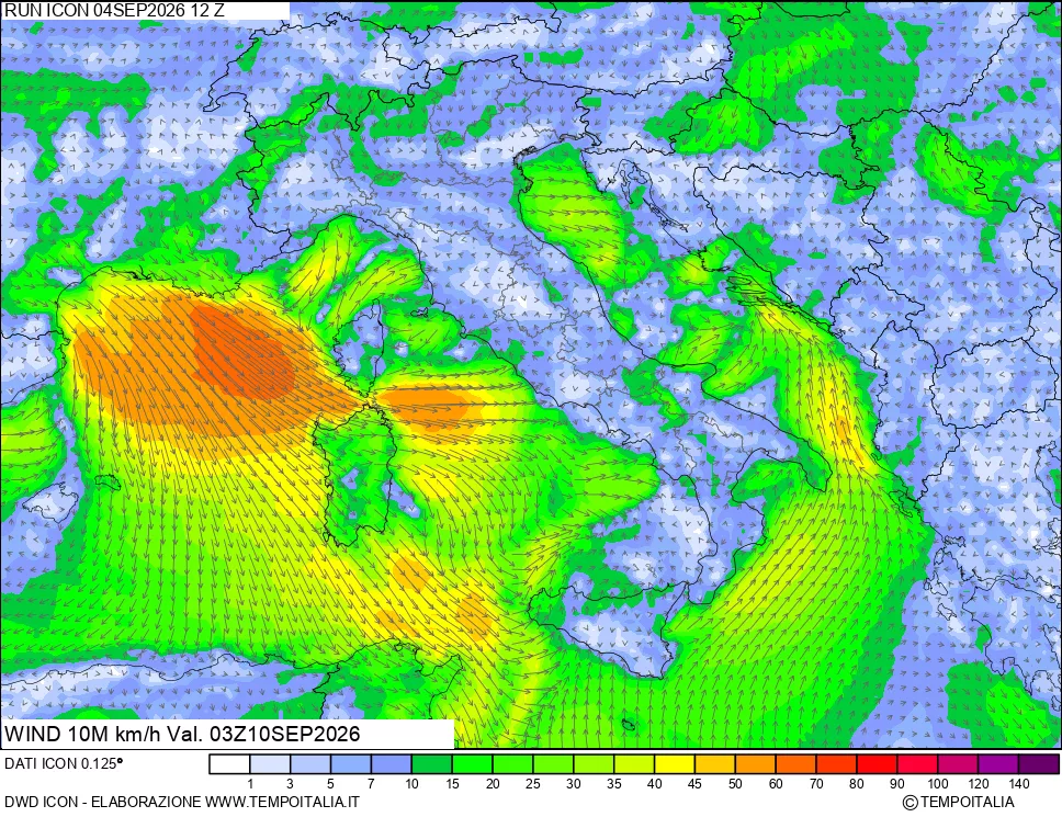 mappa 10 m Vento forza e direzione