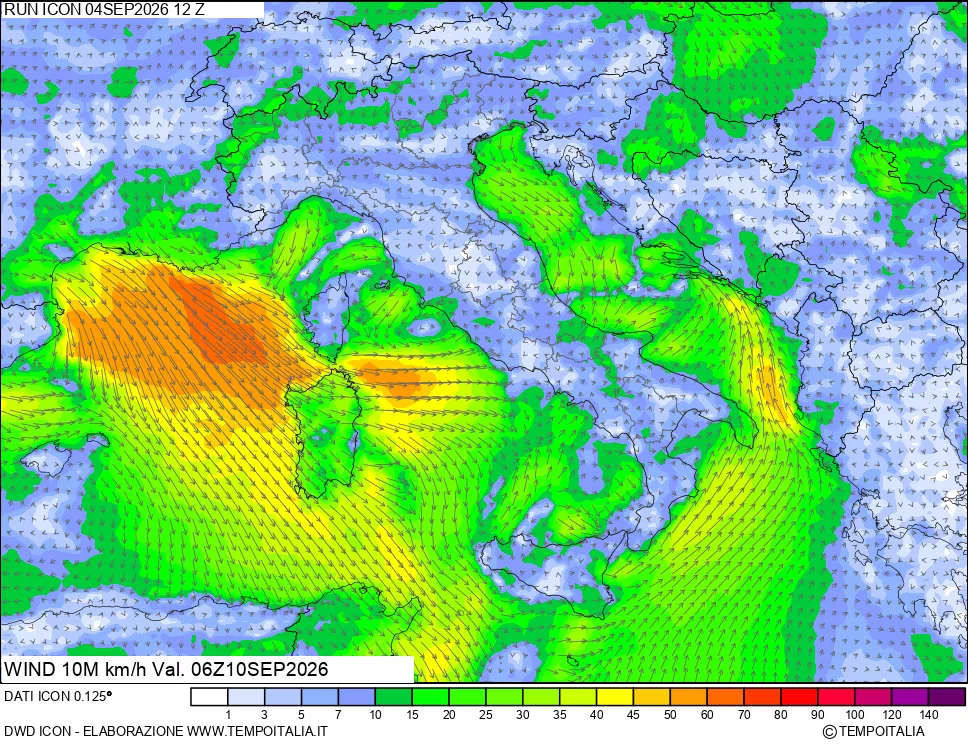 mappa 10 m Vento forza e direzione