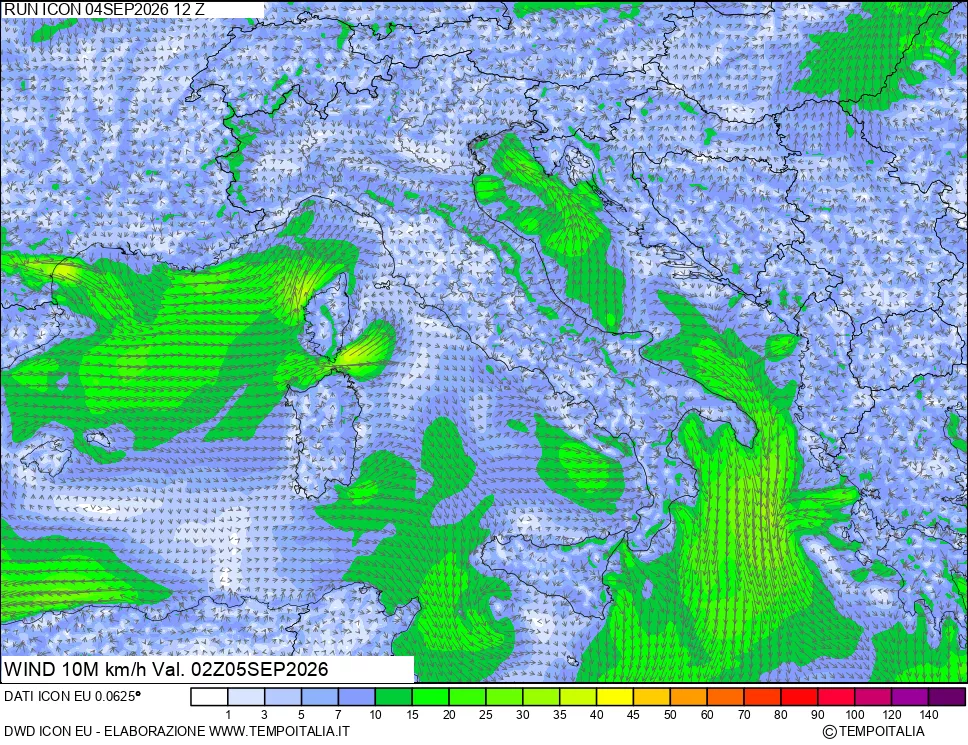 mappa 10 m Vento forza e direzione