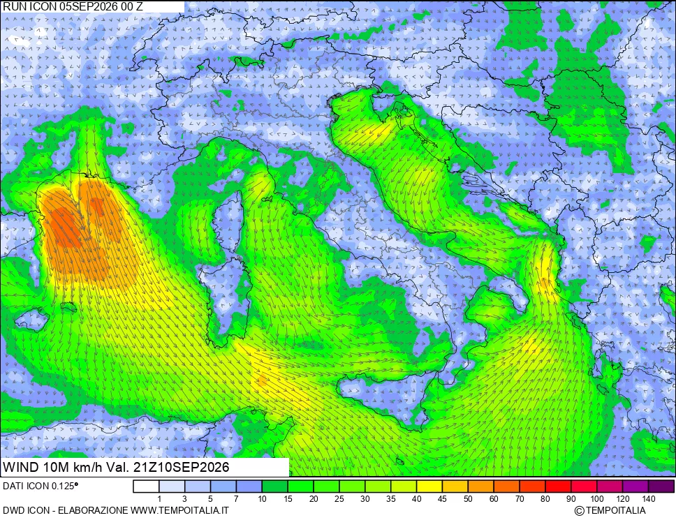 mappa 10 m Vento forza e direzione
