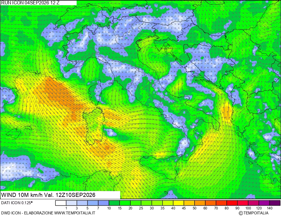 mappa 10 m Vento forza e direzione