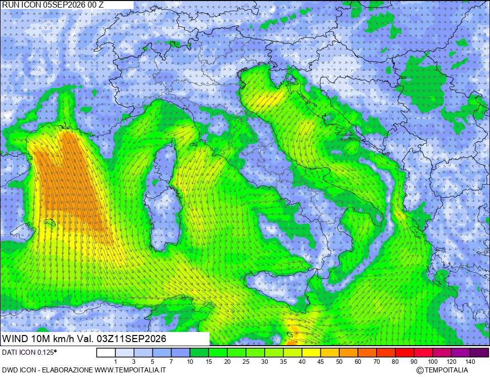 mappa 10 m Vento forza e direzione