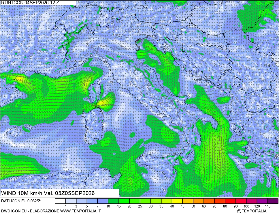 mappa 10 m Vento forza e direzione