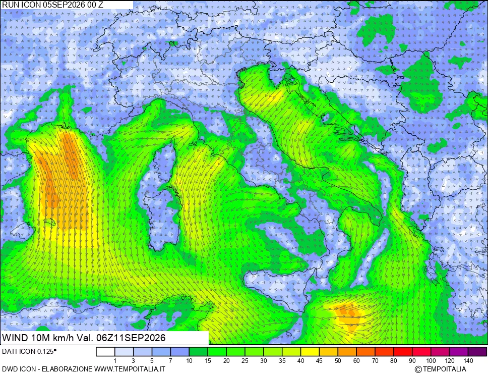 mappa 10 m Vento forza e direzione