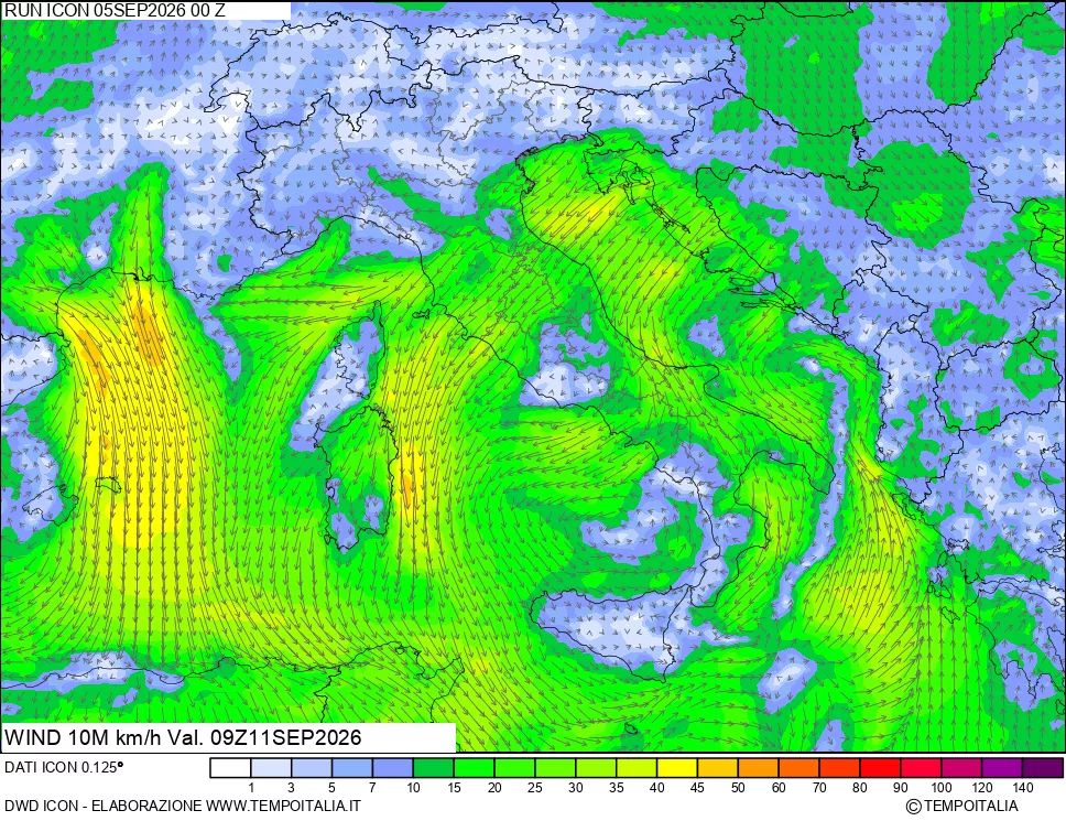 mappa 10 m Vento forza e direzione