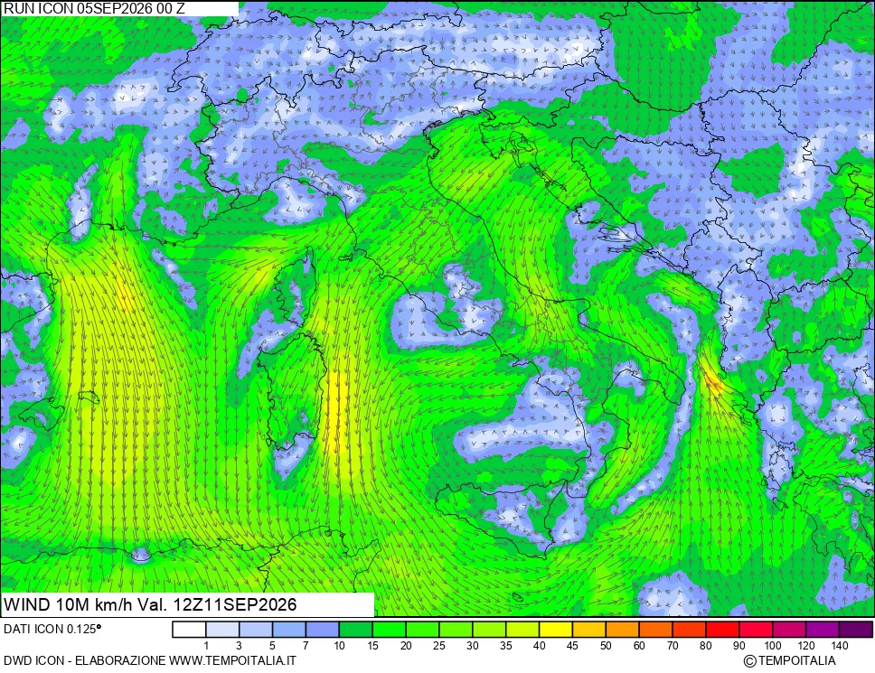 mappa 10 m Vento forza e direzione