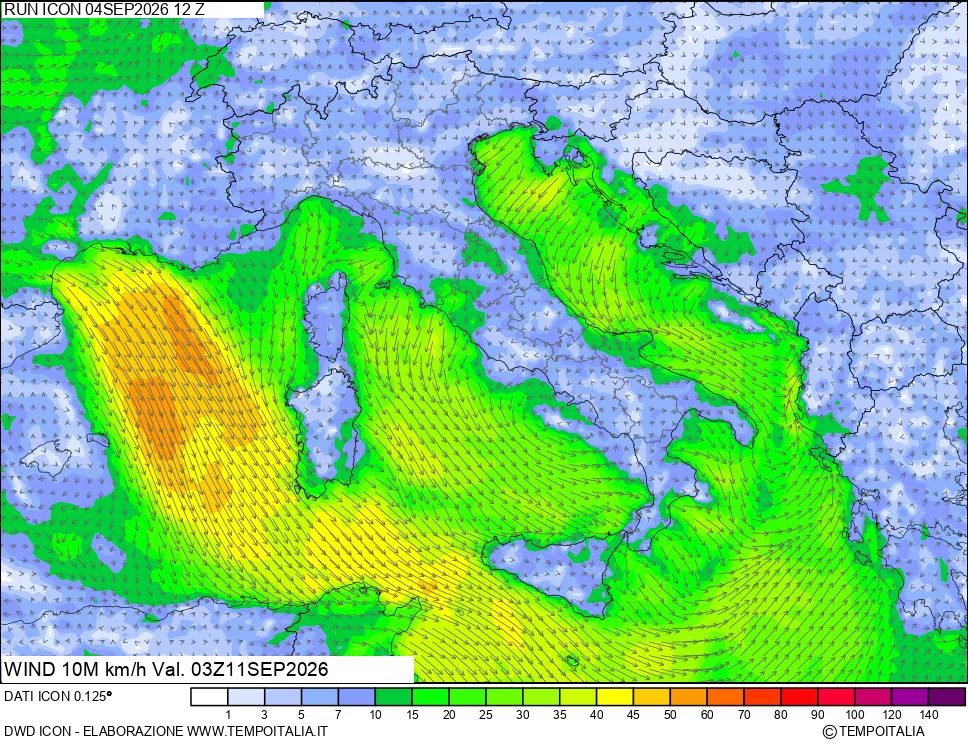 mappa 10 m Vento forza e direzione