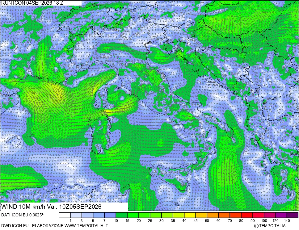 mappa 10 m Vento forza e direzione