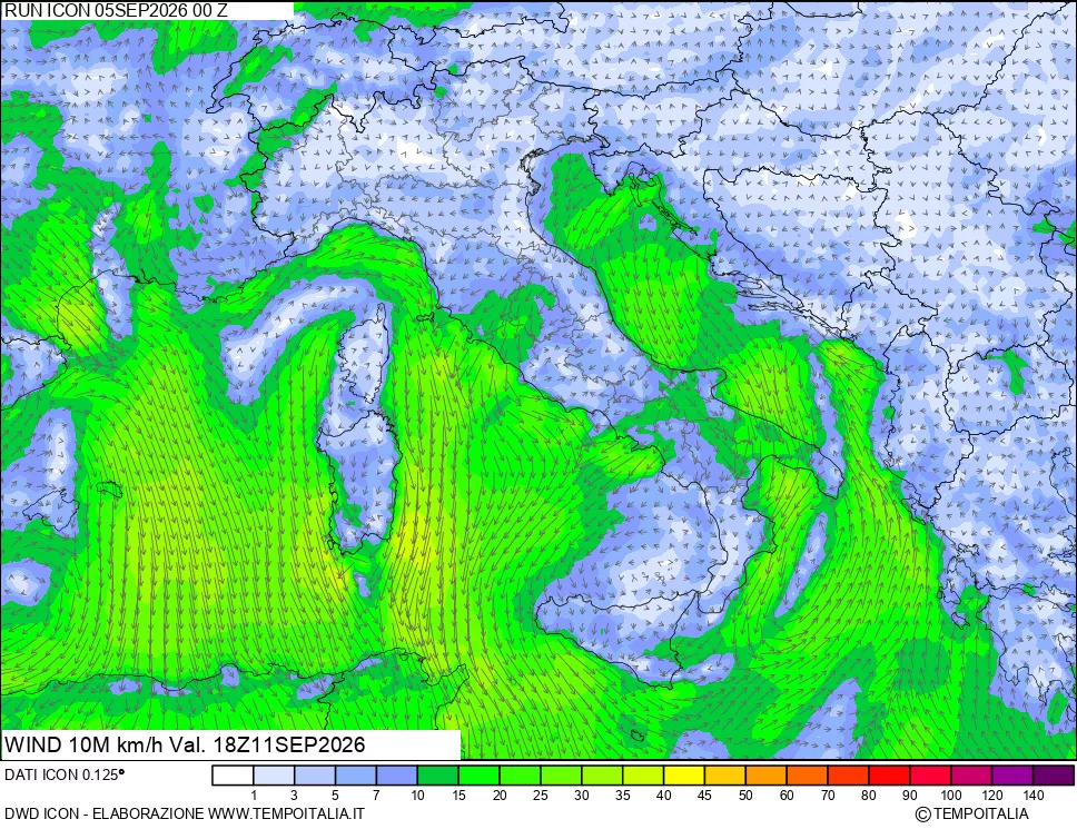 mappa 10 m Vento forza e direzione