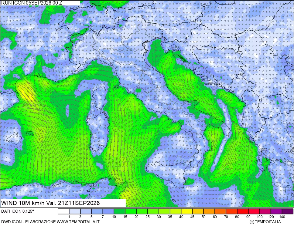 mappa 10 m Vento forza e direzione