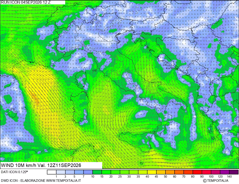 mappa 10 m Vento forza e direzione