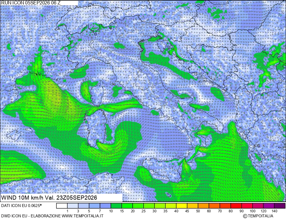 mappa 10 m Vento forza e direzione