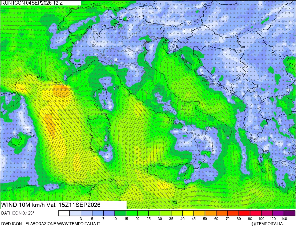 mappa 10 m Vento forza e direzione