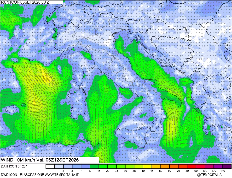 mappa 10 m Vento forza e direzione