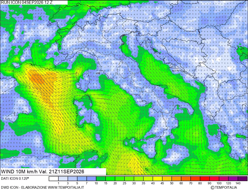 mappa 10 m Vento forza e direzione