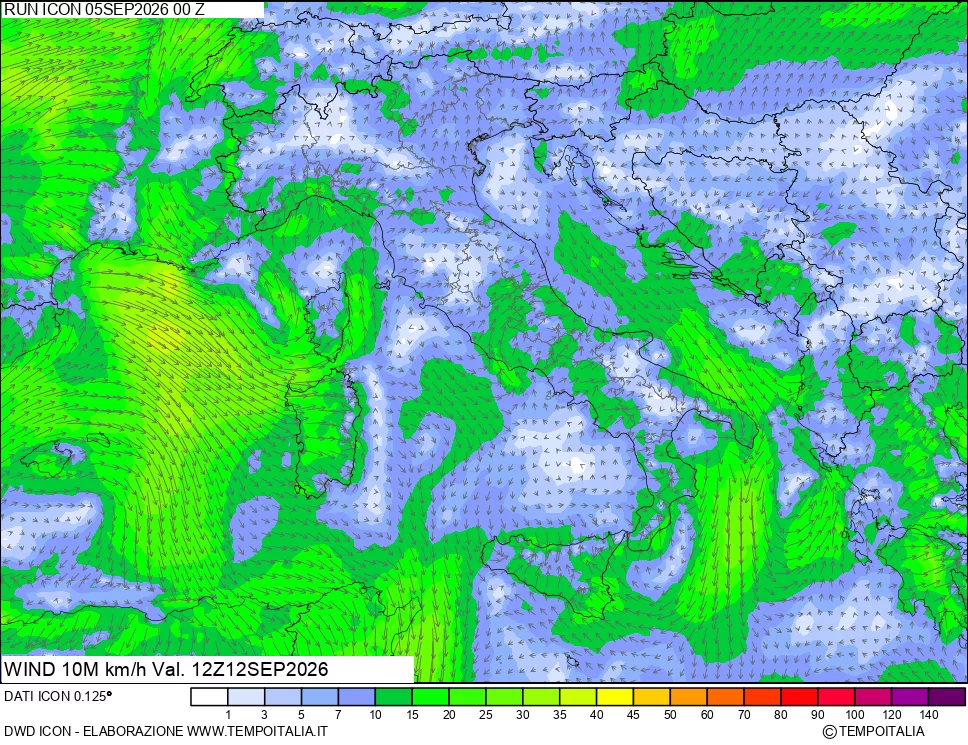 mappa 10 m Vento forza e direzione