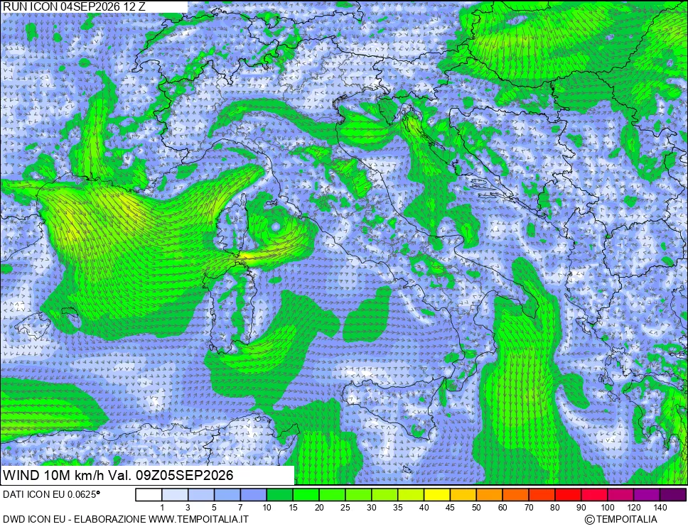 mappa 10 m Vento forza e direzione