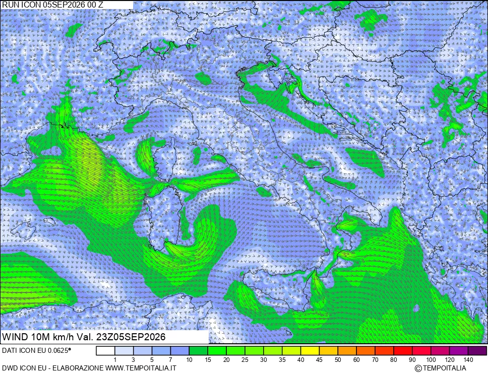 mappa 10 m Vento forza e direzione