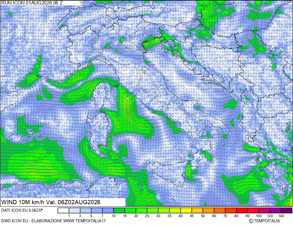 mappa 10 m Vento forza e direzione