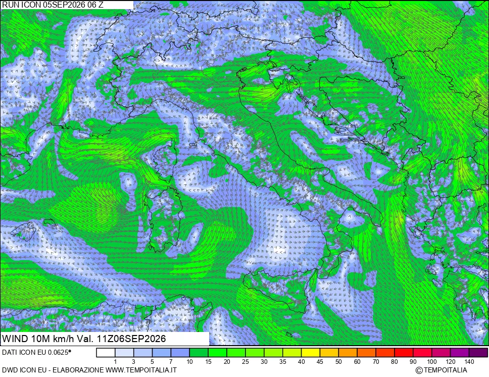 mappa 10 m Vento forza e direzione