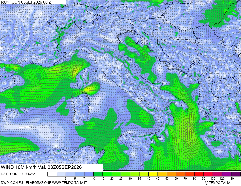 mappa 10 m Vento forza e direzione