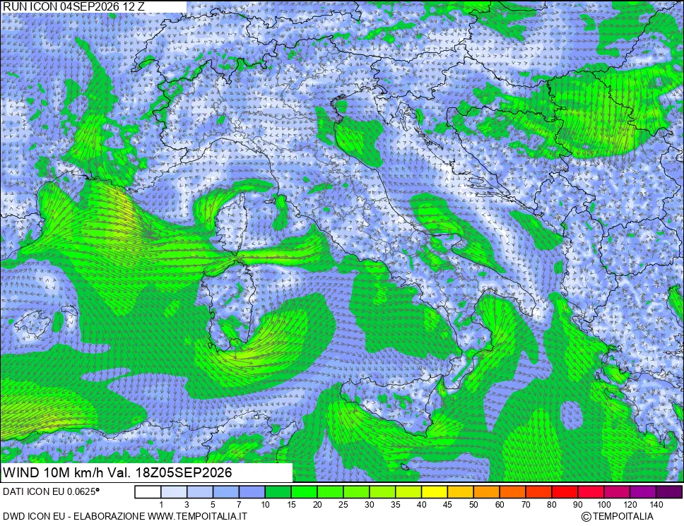 mappa 10 m Vento forza e direzione