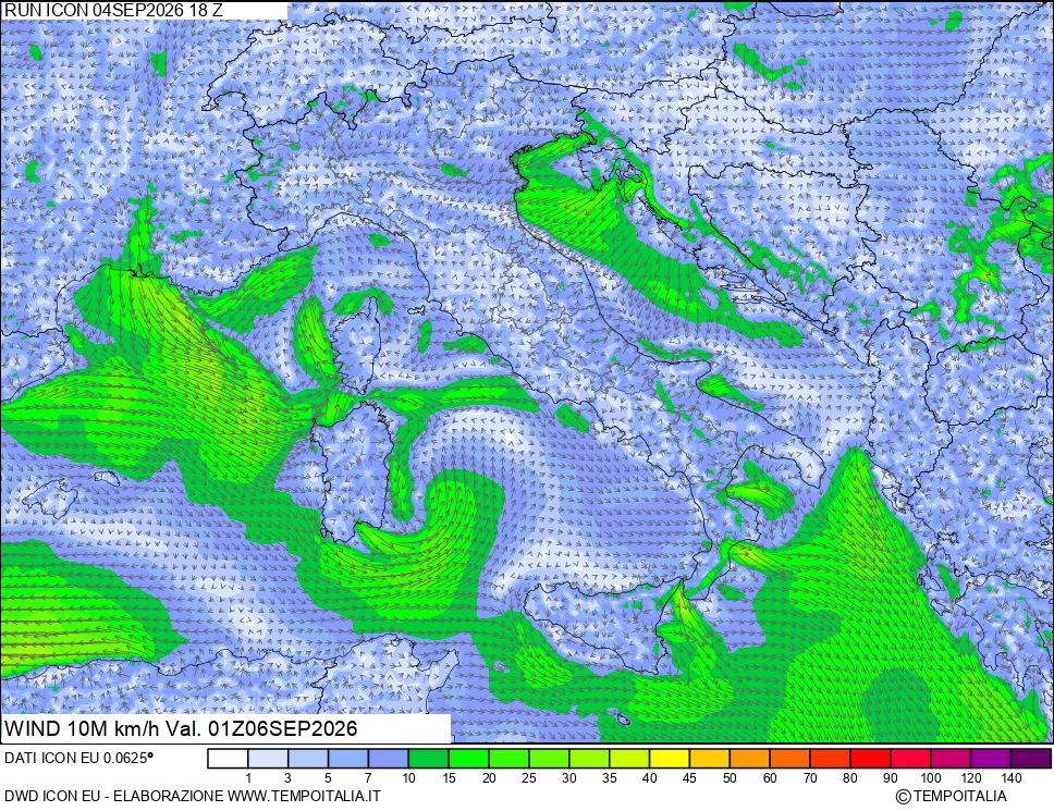 mappa 10 m Vento forza e direzione