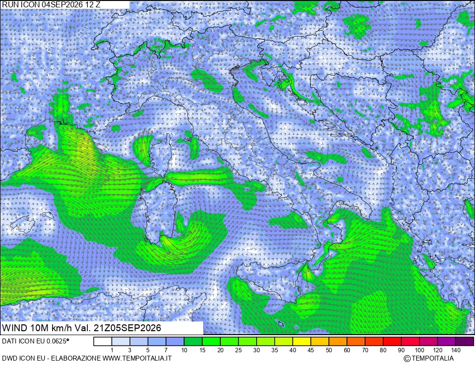 mappa 10 m Vento forza e direzione