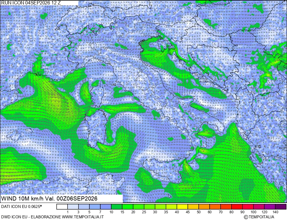 mappa 10 m Vento forza e direzione
