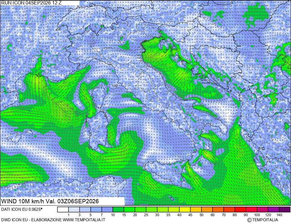 mappa 10 m Vento forza e direzione