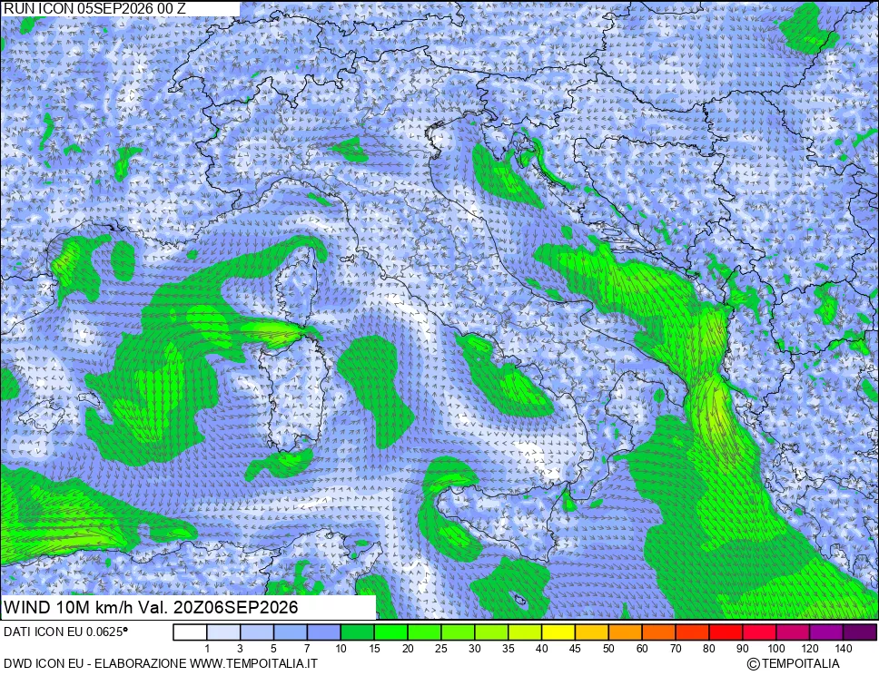 mappa 10 m Vento forza e direzione
