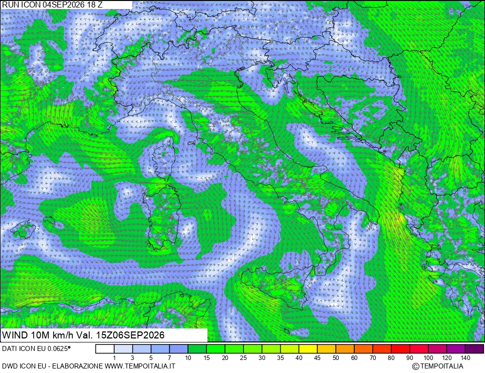 mappa 10 m Vento forza e direzione