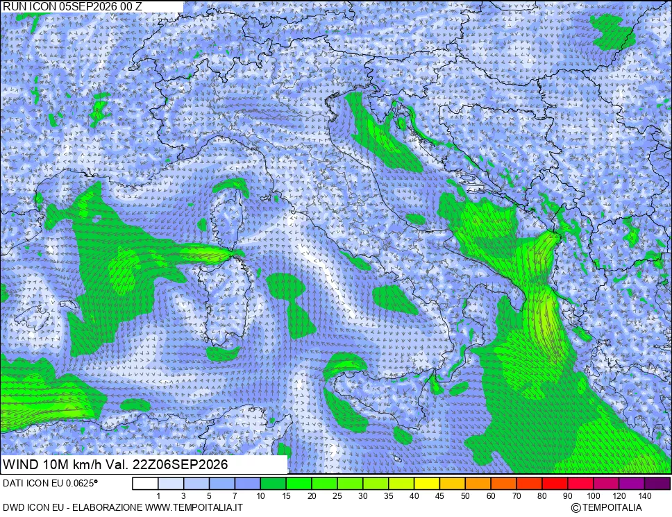 mappa 10 m Vento forza e direzione