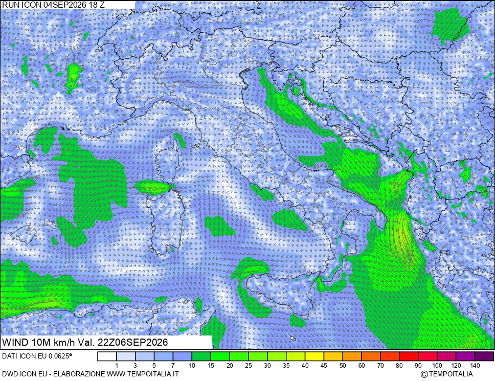 mappa 10 m Vento forza e direzione