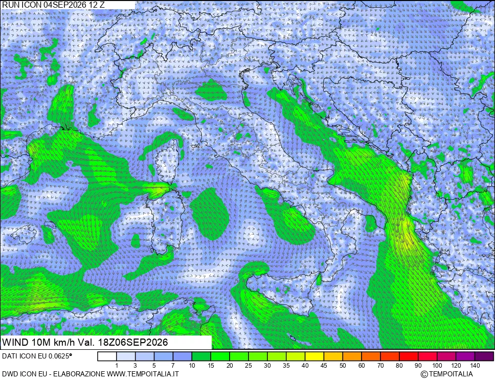 mappa 10 m Vento forza e direzione
