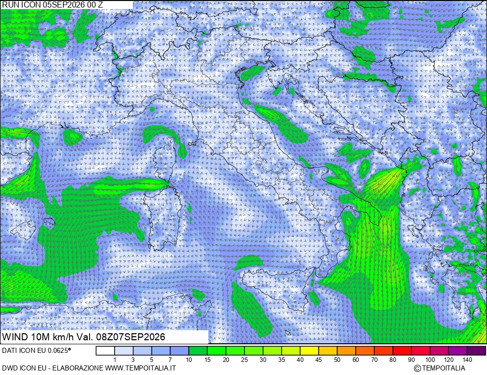 mappa 10 m Vento forza e direzione
