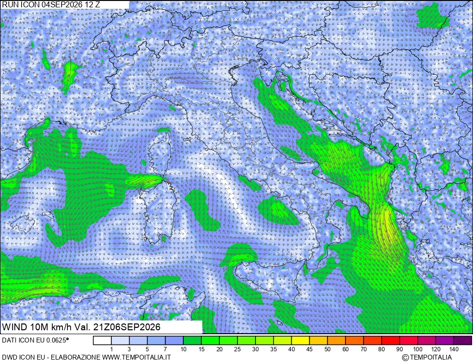 mappa 10 m Vento forza e direzione