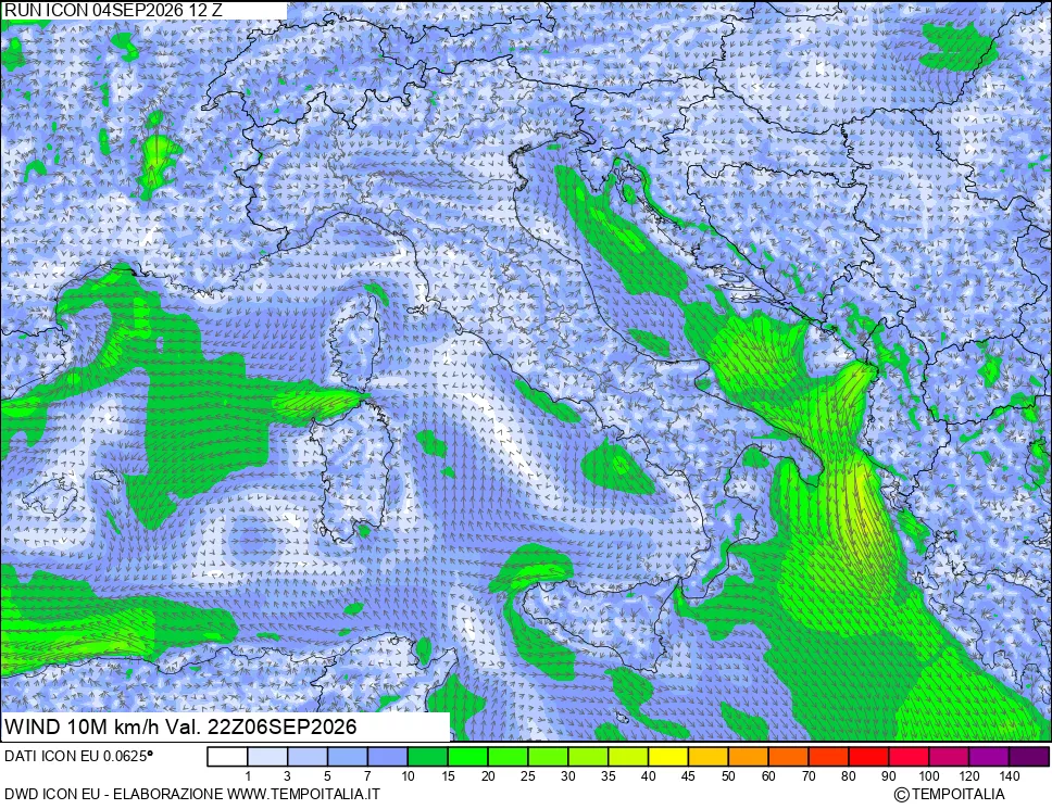 mappa 10 m Vento forza e direzione