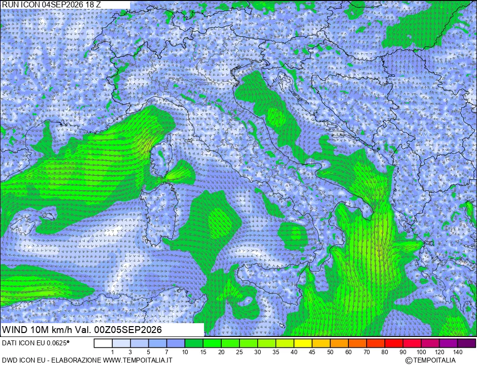 mappa 10 m Vento forza e direzione