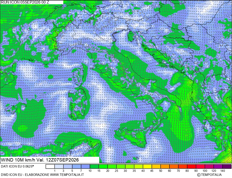mappa 10 m Vento forza e direzione